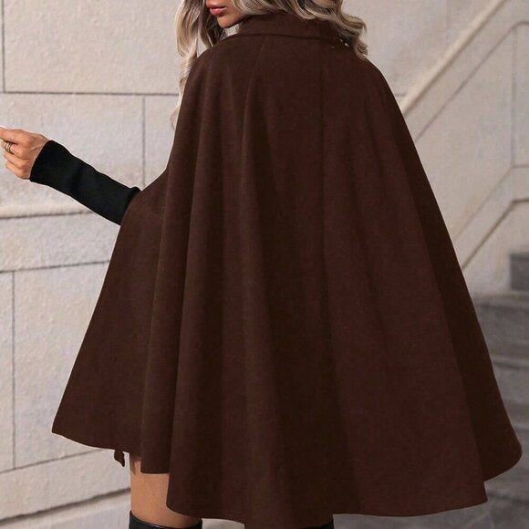 Coffee Brown Elegant Women's Minimalist Poncho Overcoat - Picture 3 of 7